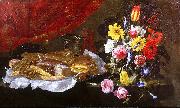 Giuseppe Recco A Still Life of Roses, Carnations, Tulips and other Flowers in a glass Vase, with Pastries and Sweetmeats on a pewter Platter and earthenware Pots, on France oil painting artist